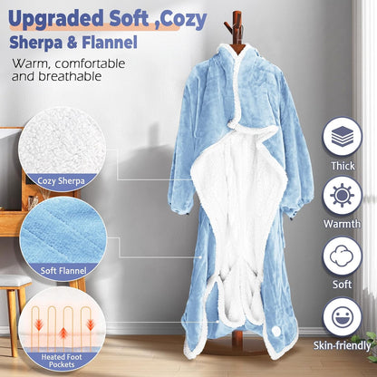 Wearable Heated Blanket with Foot Pocket, Electric Wearable Throw Blanket with Sleeves, Hood, Portable Heated Blanket with 8 Heat Settings, 1-10 Hours Auto Shut-off, Gift for Family, Friends, 50*70"