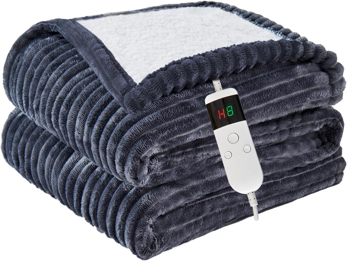 Heated Blanket Electric Throw, Soft Flannel Heating Blanket with 8 Hours Auto Off 10 Fast Heating Levels Machine Washable Sherpa Heated Blanket with Overheating Protection