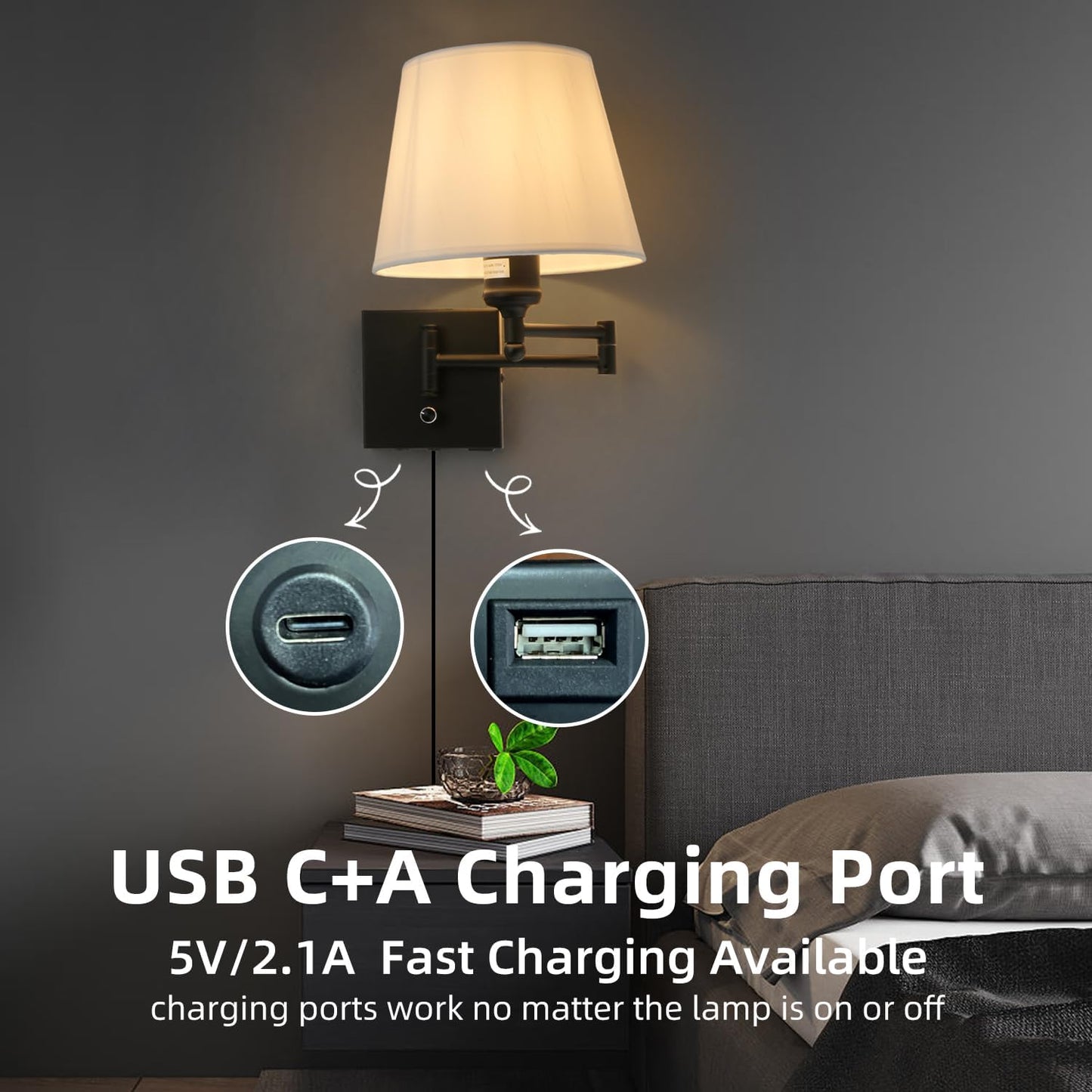 Bedside Wall Mount Light with Dimmable Switch and Outlet, Swing Arm Fabric Shade Wall Sconce Light with USB Port and Plug in Cord, Black Wall Lamp for Bedroom, Living Room and Hotel