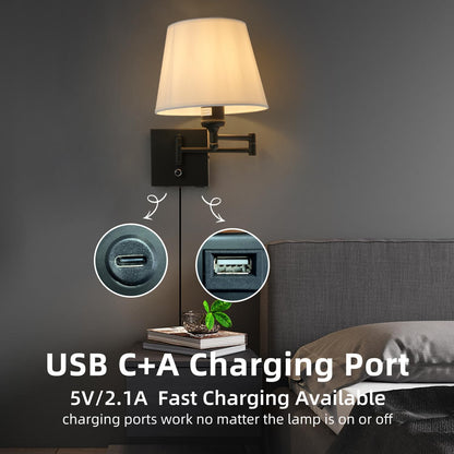 Bedside Wall Mount Light with Dimmable Switch and Outlet, Swing Arm Fabric Shade Wall Sconce Light with USB Port and Plug in Cord, Black Wall Lamp for Bedroom, Living Room and Hotel