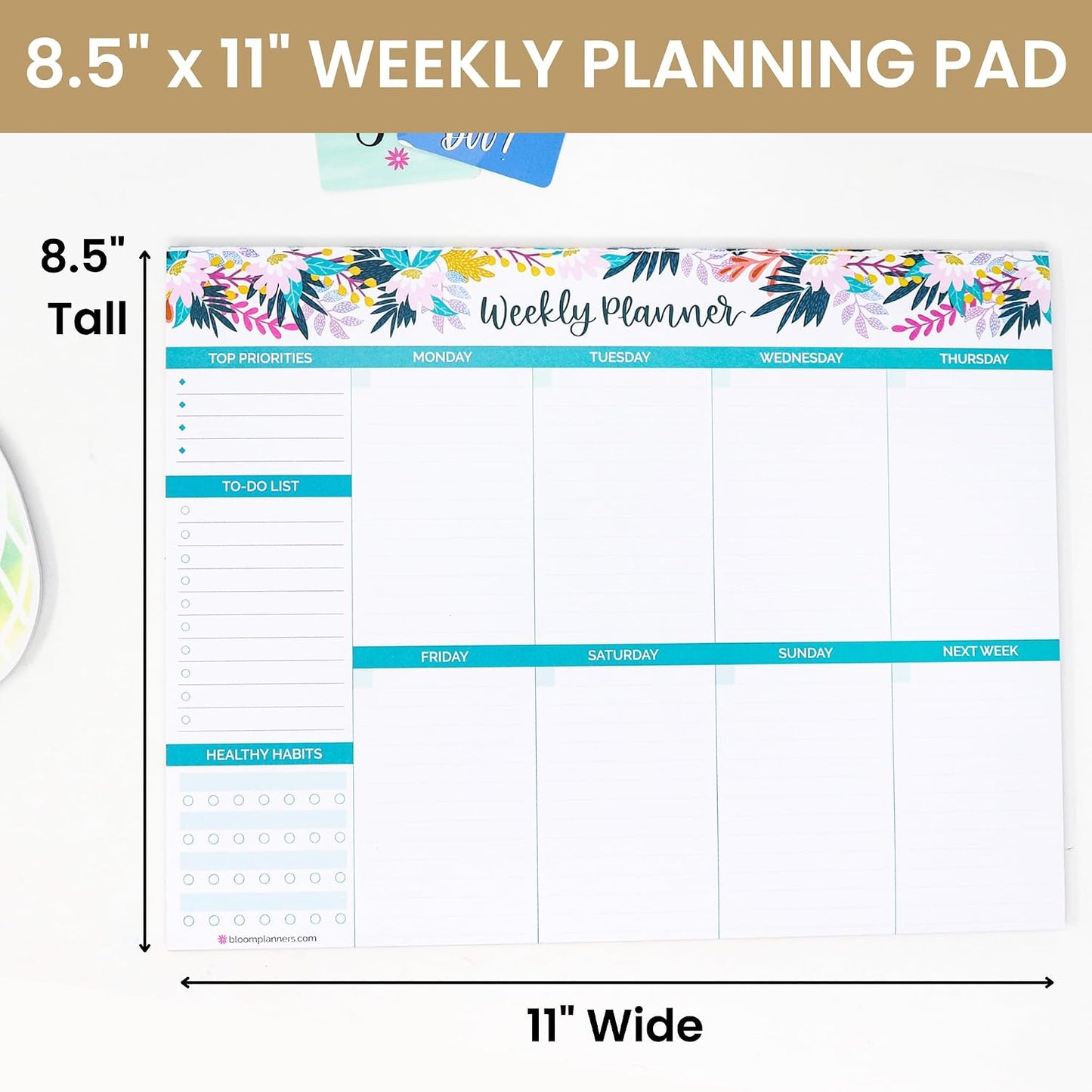 bloom daily planners Horizontal Weekly Magnetic Meal Planning Pad for Fridge with Tear-Off Grocery Shopping List - Hanging Food/Menu Organizer Notepad with Magnets - 8.5” x 11” - Lemons