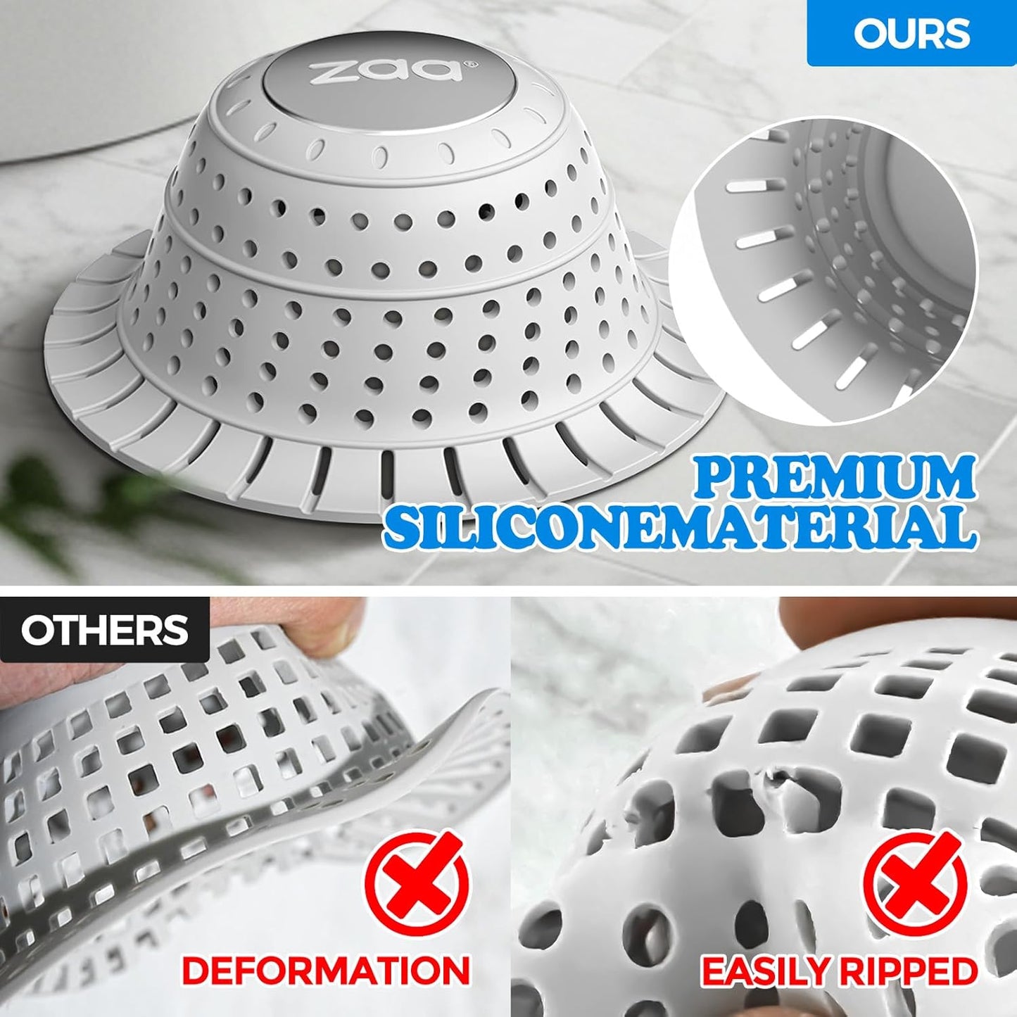 Bathtub Drain Strainer Silicone Bathroom Stopper Fixture Accessories | 2-Pack Gray Collapsible Shower Drain Hair Catcher for Pop Up Tubs, Traps Hair Before Clogs, Easy Clean for Bathroom Sinks