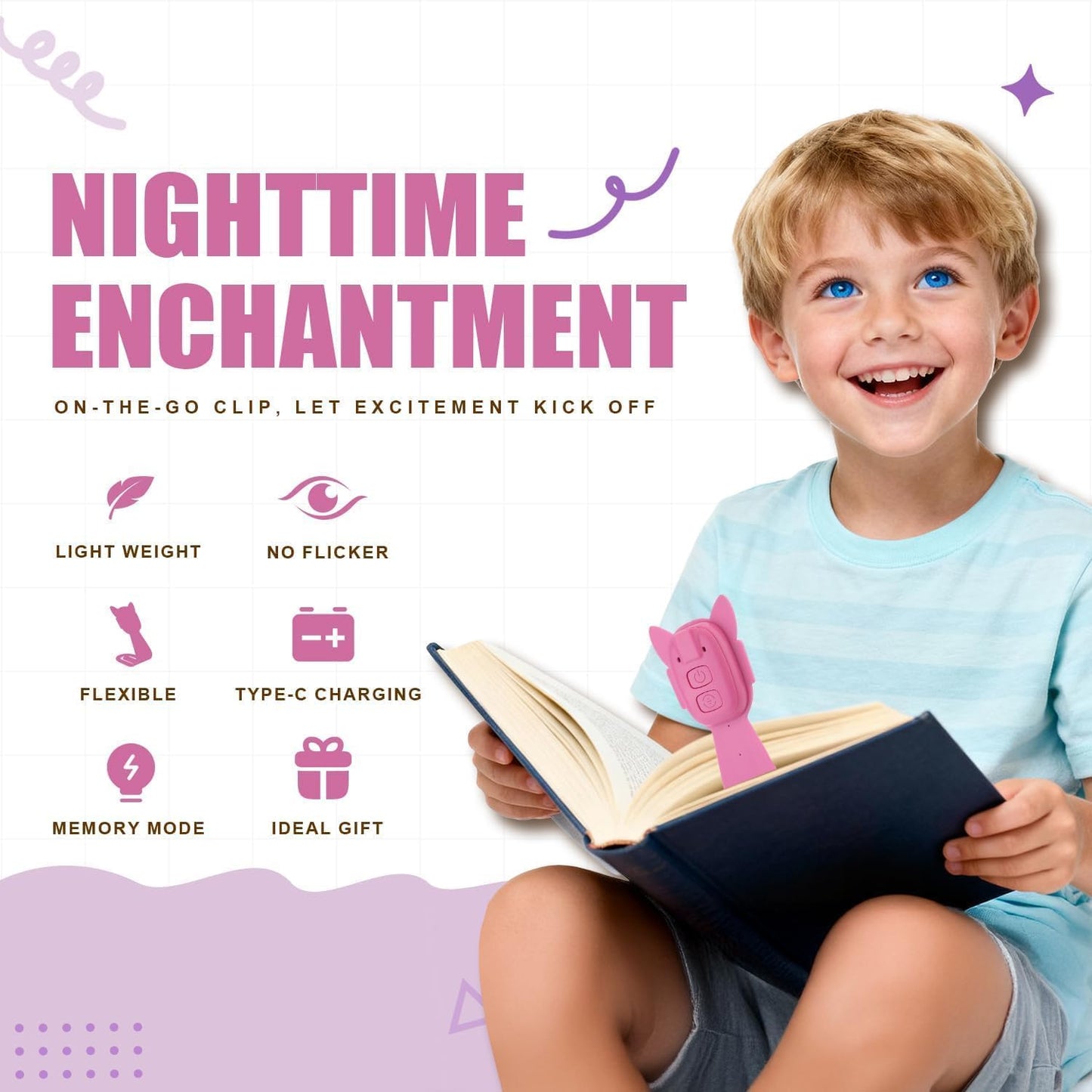 Rechargeable Kids Book Light, Cute Bookmark Reading Light for Kids, Dimmable Portable LED Book Light for Reading in Bed, Eye-Caring Bedtime Reading Lamp for Children & Travel, Brown