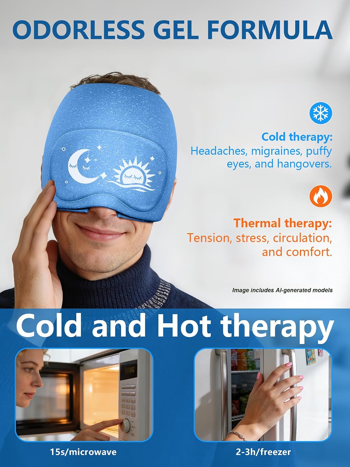 Migraine Relief Cap with Flip-up Eye Mask for Headache & Stress Relief | Headache Relief Hat for Hangover, Tension-Cold Compress Head Wrap