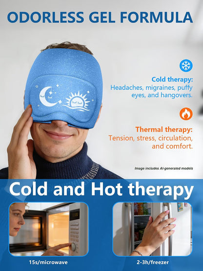Migraine Relief Cap with Flip-up Eye Mask for Headache & Stress Relief | Headache Relief Hat for Hangover, Tension-Cold Compress Head Wrap