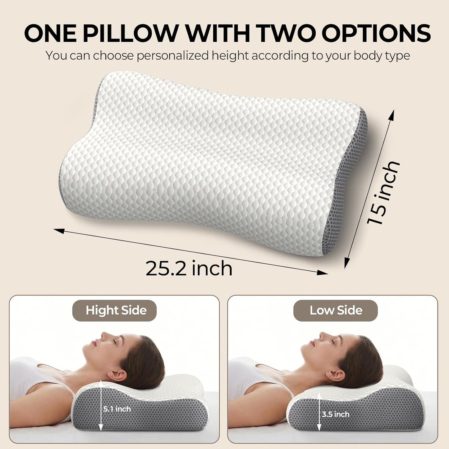 Polovo Cervical Neck Pillow for Pain Relief - Ergonomic Side Sleeper Pillow for Deep Sleep, Contour Memory Foam Pillows for Sleeping Bed Pillow for Side Back Stomach Sleepers(Grey)