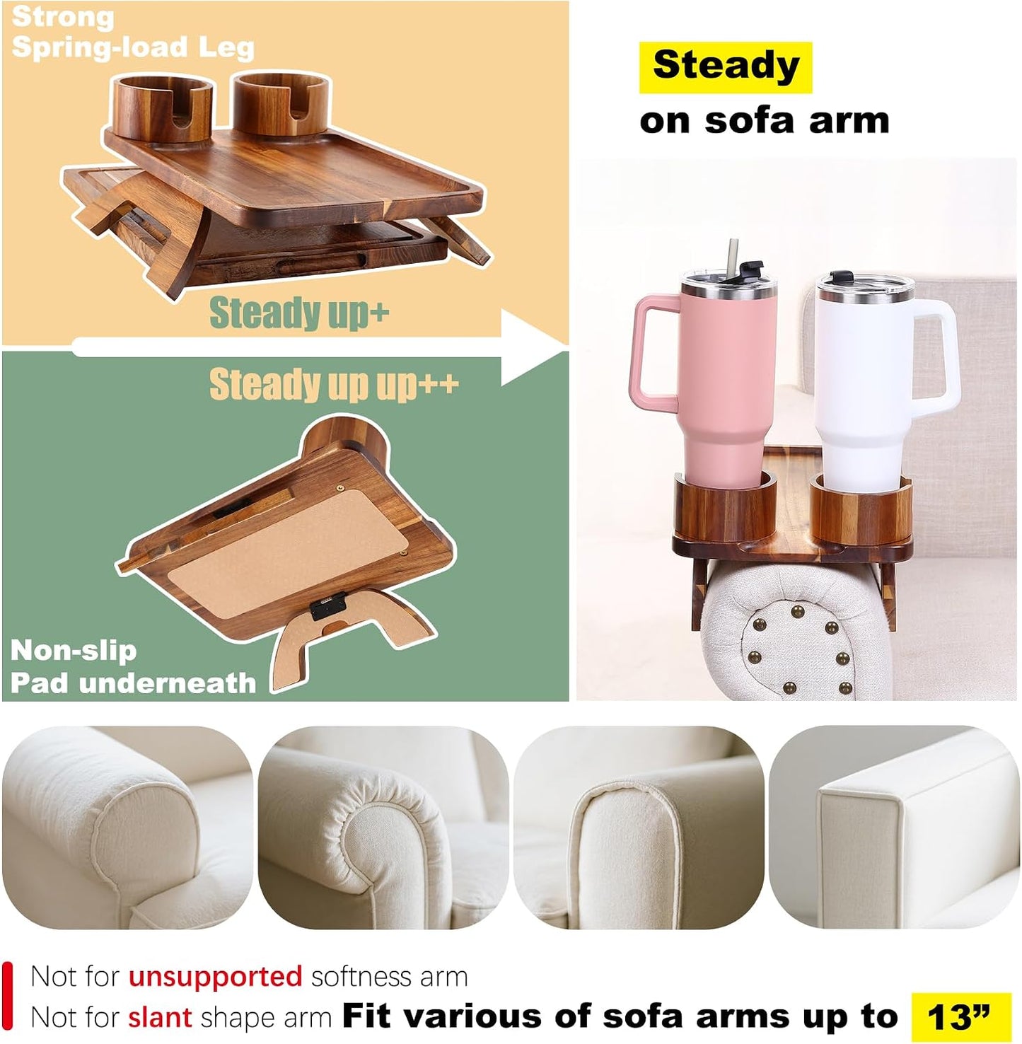 Nnewvante Couch Cup Holder Tray, 3 in 1 Large 15.36"x9.85" Acacia Wood Sofa Arm Clip on Tray Table with 360°Rotated Phone Holder on Armrest