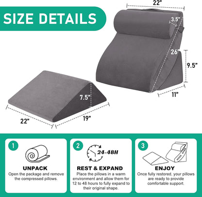 4PCS Wedge Pillow Set for After Surgery, Orthopedic Bed Wedge Pillow for Back Pain Relief, Sitting Up in Bed, Acid Reflux, Adjustable Post Surgery Pillows for GERD, Snoring, White/Grey