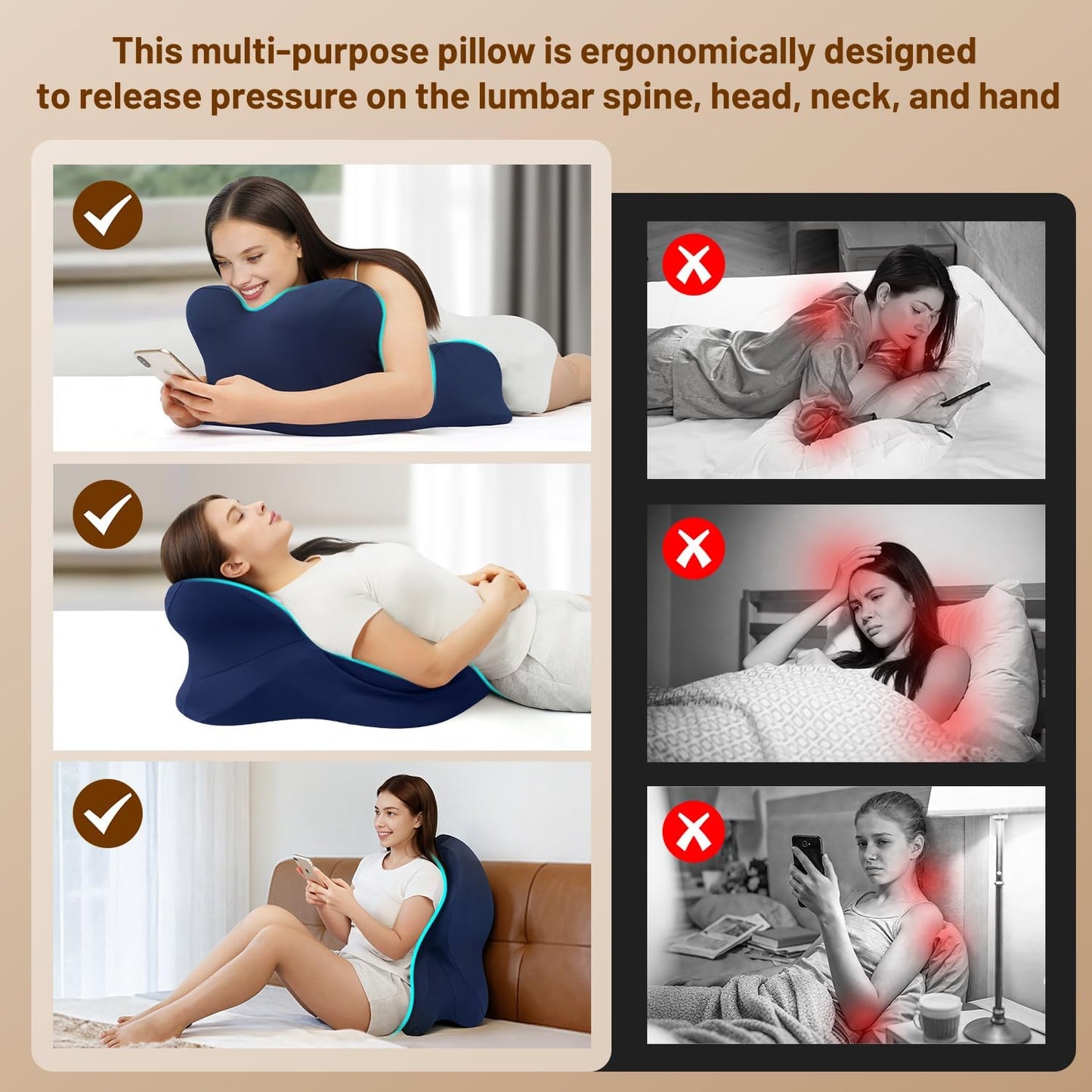 Memory Foam Ergonomic Wedge Pillow, Reading Pillow for Bed, Headboard Pillow Support for Back Pain, Acid Reflux & Sitting Up, Ideal for Massage with Removable Cover
