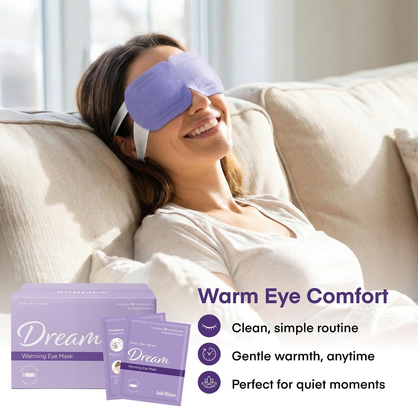 Steam Eye Mask 30 Pack – Self Heating Warm Compress for Dry Eyes & Puffy Eyes, Lavender Heated Eye Mask for Sleep & Relaxation, Disposable for Eye Strain & Travel (Purple)
