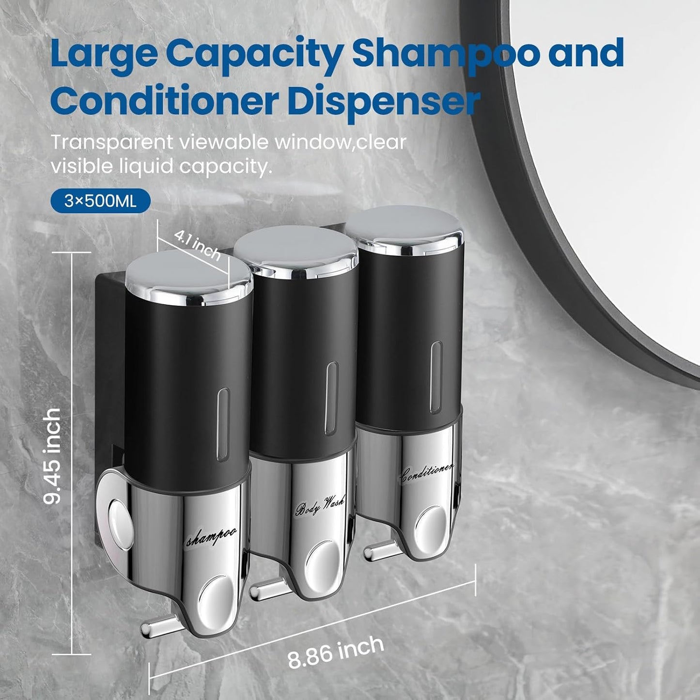 EXIN DECHEN Shampoo and Conditioner Dispenser(Triple x 16.9 oz,Clear) | Easy Installation,Wall-Mounted,Bottle Separable,Large Capacity,Shower Shampoo Conditioner Body Wash Dispenser for Bathroom