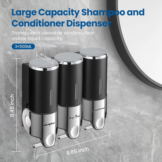 EXIN DECHEN Shampoo and Conditioner Dispenser(Triple x 16.9 oz,Clear) | Easy Installation,Wall-Mounted,Bottle Separable,Large Capacity,Shower Shampoo Conditioner Body Wash Dispenser for Bathroom
