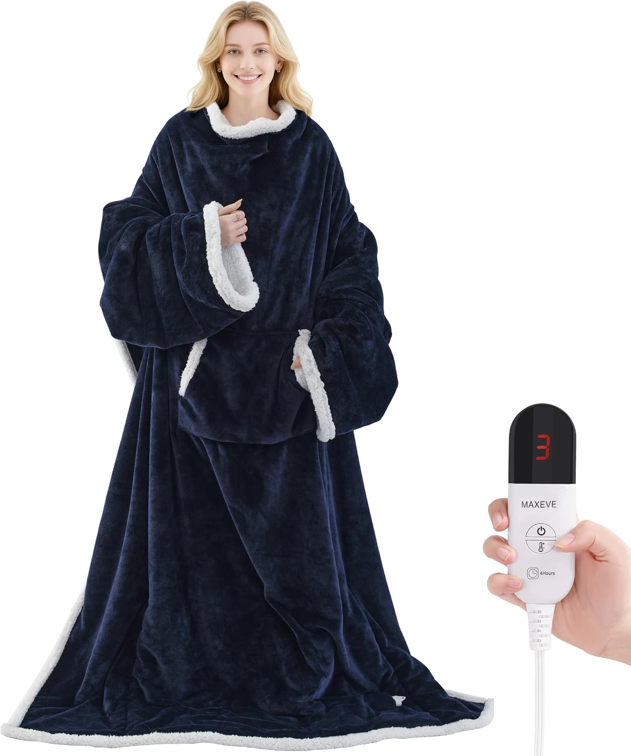 MAXEVE Heated Wearable Blanket with Foot Pocket & Sleeves Electric Snuggle | Heating Throw, 6 Levels & 4H Auto Shut Off, Machine Washable (Long, Grey)