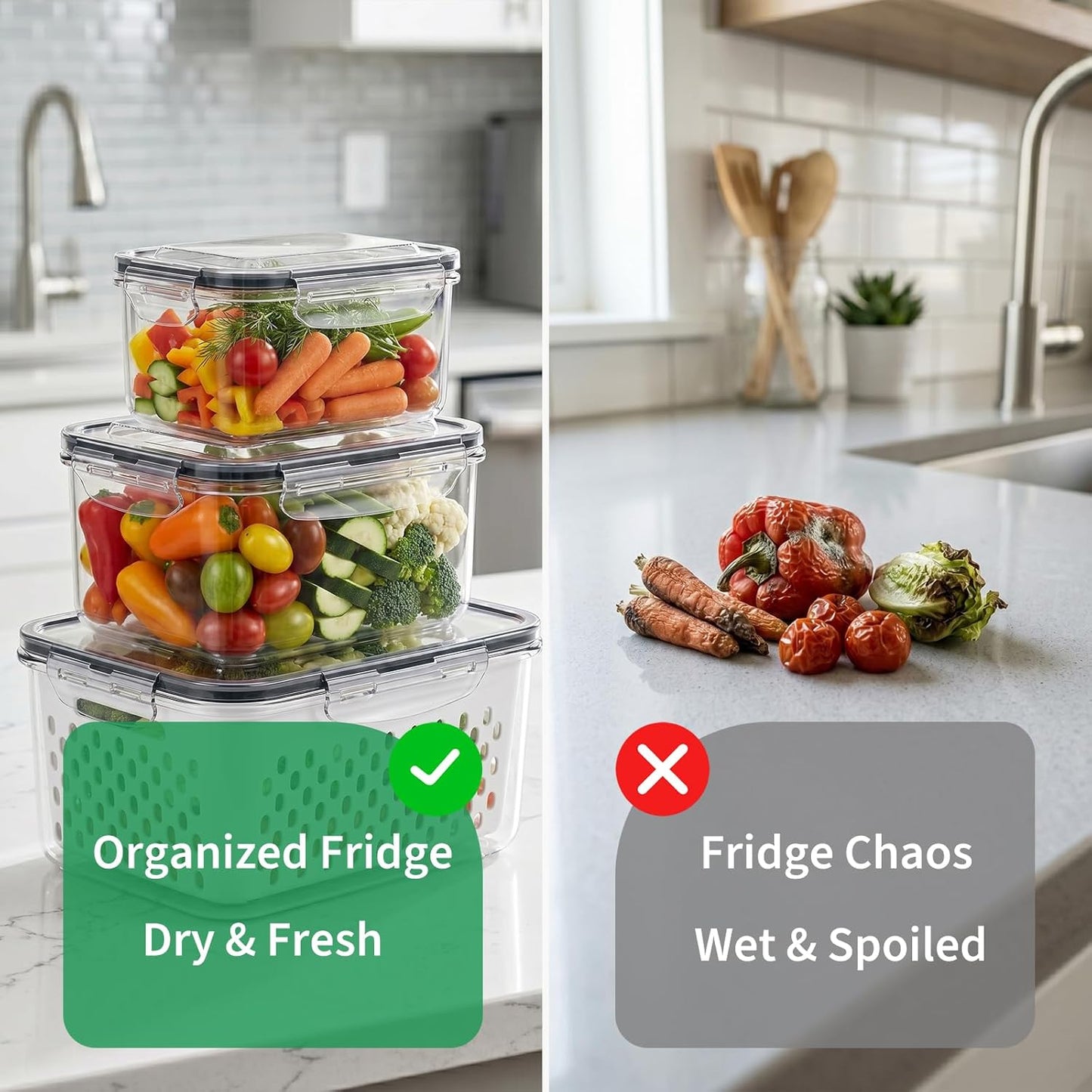 Vegetable Containers for Fridge, Stay Fresh Fruit Vegetable Storage Containers with Lid and Removable Colander, Stackable Vegetable Storage for Berry Salad Lettuce Vegetables Meat Various Food, 3PCS