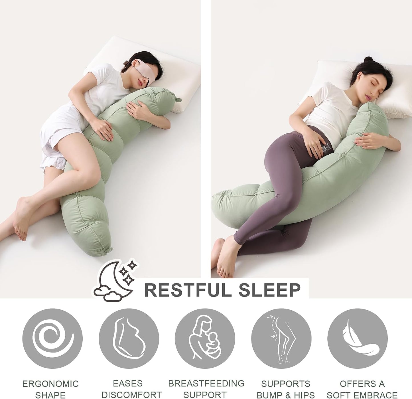 Peallow(Pat. Pend) – Long Round Body Pillow for Adults, Bolster Pillow for Sleeping, Soft and Supportive Pillow for Sleeping & Lumbar Support (Green-White, 29.5")