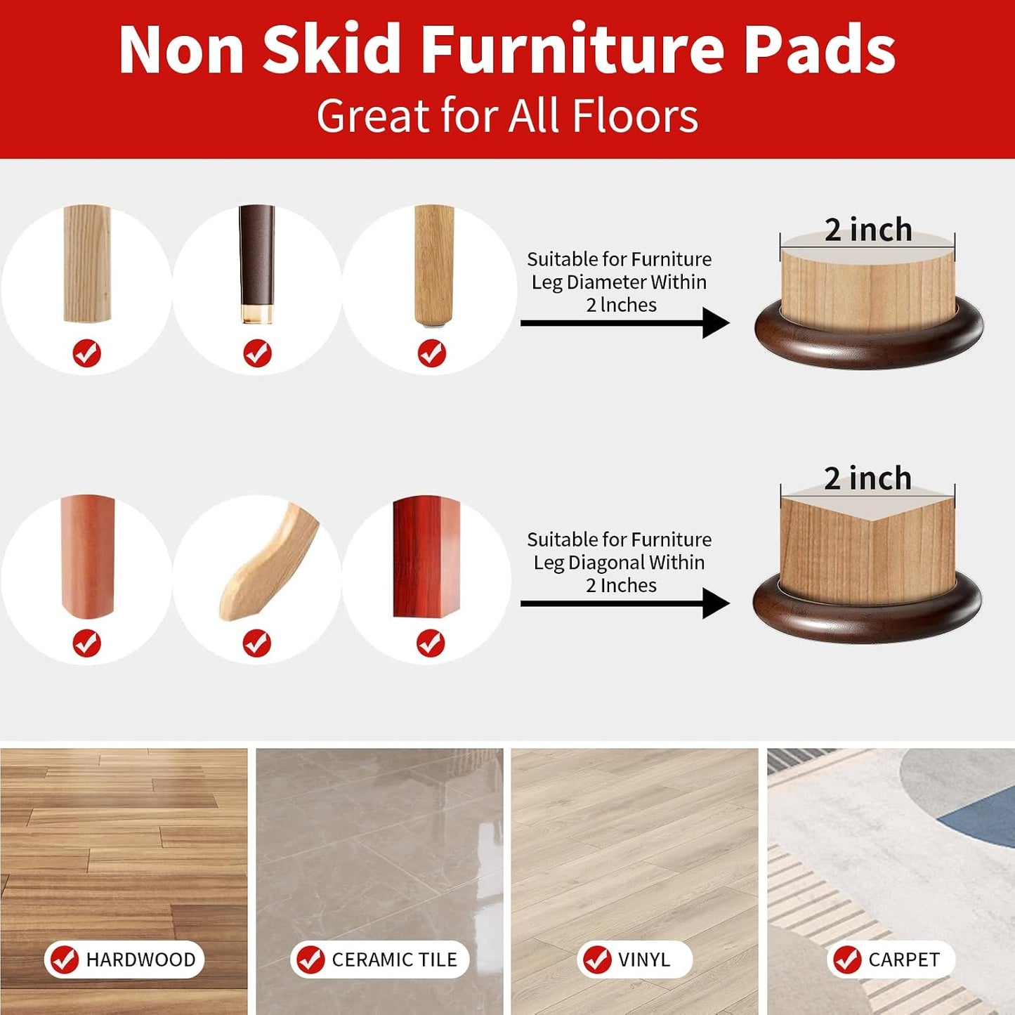 Ezprotekt 2 inch Non Slip Wood Furniture Pads for Hardwood Floors, 4 Pcs Round Anti Slip Furniture Coaster Cups Floor Protectors with Anti-Slide EVA for Chair Sofa Table Bed Couch (Dark Brown)