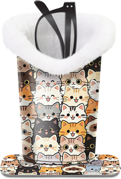 Plush Lined Eyeglasses Holder, Cute Magnetic PU Leather Glasses Stand Case for Women Men Kids