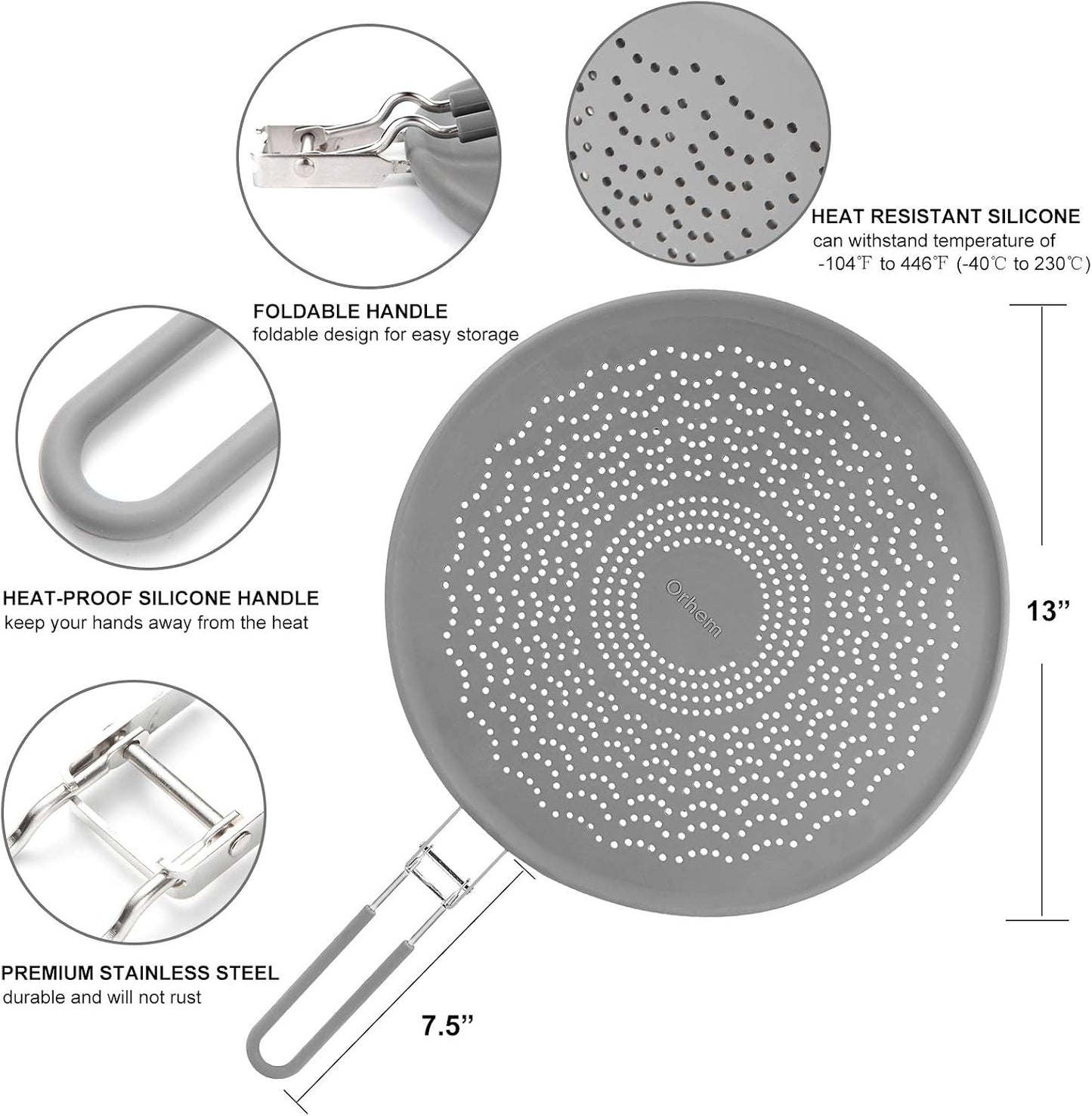 Silicone Grease Splatter Screen Pan Cover with Folding Handle, Heat Resistant Cooling Mat, Strainer, Drain Board, Oil Splash Guard for Frying Pan Cooking, 11.4 Inch