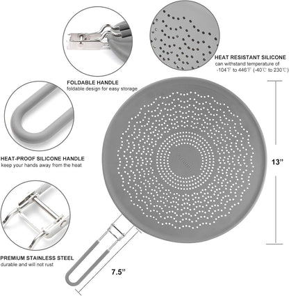 Silicone Grease Splatter Screen Pan Cover with Folding Handle, Heat Resistant Cooling Mat, Strainer, Drain Board, Oil Splash Guard for Frying Pan Cooking, 11.4 Inch