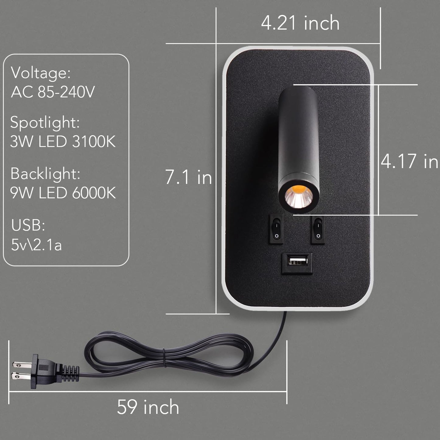 Wall Mounted LED Reading Light for Bed Headboard, Bedside Wall Sconces USB Charging, Night Light for Bedroom, Ambient Lighting Wall Mounted Sconce for Bedroom, Plug-in or Hardwired, Black