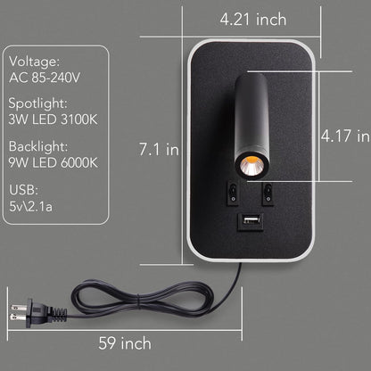 Wall Mounted LED Reading Light for Bed Headboard, Bedside Wall Sconces USB Charging, Night Light for Bedroom, Ambient Lighting Wall Mounted Sconce for Bedroom, Plug-in or Hardwired, Black