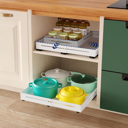 Pull out Cabinet Organizer, Full Metal Expandable Width (14.8"-20.8") & Depth (12.4"-17.7") Adjustable Slide out Drawers, No Drill Adhesive Roll out Shelves for Kitchen Pantry, White