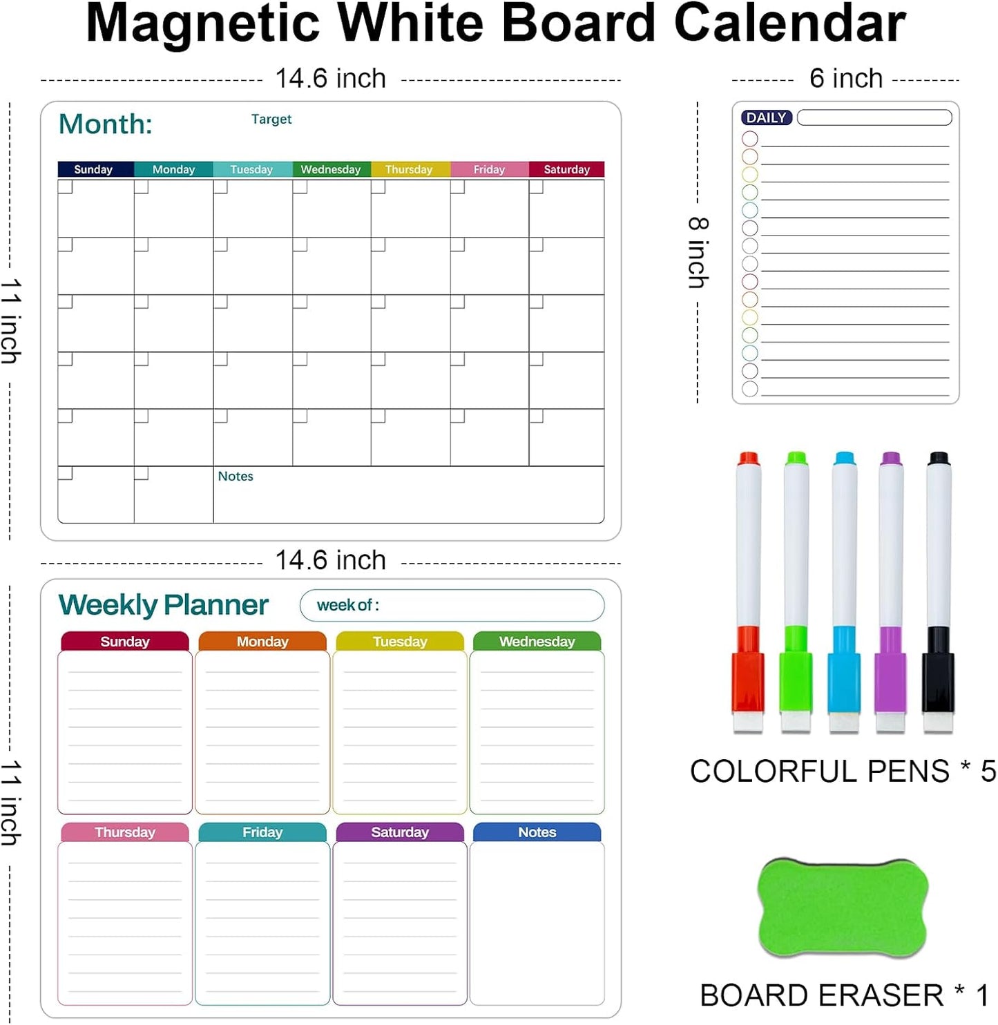 Magnetic White Board Calendar Dry Erase for Fridge | 14.6" x 11" Reusable Refrigerator Calendar for Fridge & Wall, Easy to Clean, Schedule Organizer, with 5 Markers and Eraser