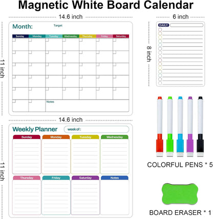 Magnetic White Board Calendar Dry Erase for Fridge | 14.6" x 11" Reusable Refrigerator Calendar for Fridge & Wall, Easy to Clean, Schedule Organizer, with 5 Markers and Eraser