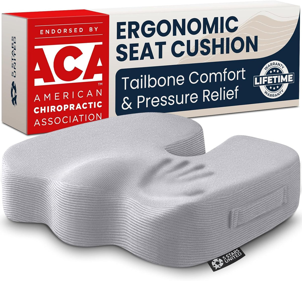 5 STARS UNITED Seat Cushion - Memory Foam Chair Cushion for Tailbone Pain Relief - Ergonomic Support for Coccyx, Sciatica & Butt - Office, Desk & Gaming Chair, Car Seat, Wheelchair, Airplane, Black