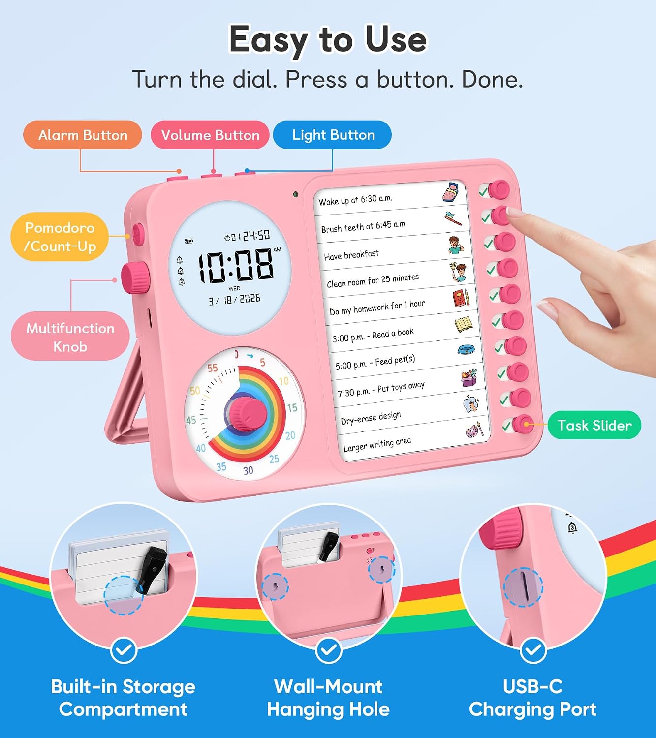 3-in-1 Visual Timer & ADHD Tool for Kids with Chore Chart & Planning Board | ADHD Timer with Digital Clock, Silent Task Timer for Adults with Visual Schedule for Home, School, Classroom, Work (Pink)