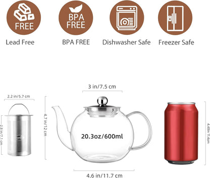 CNGLASS 40oz Glass Teapot with Removable Infuser,Clear Tea Kettle Stovetop Safe,Blooming and Loose Leaf Tea Maker Set