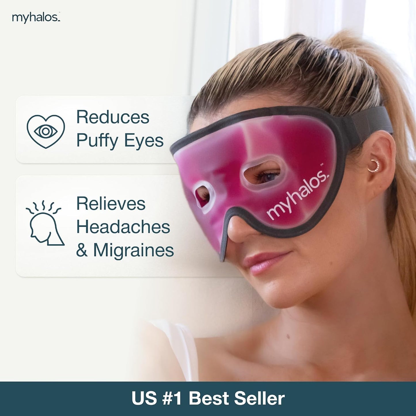 MyHalos Cooling Gel Eye Mask, Cold Ice Pack for Puffy Eyes & Dark Circles | Instant Relief for Puffy Eyes & Dark Circles, Reusable Gel Beads, Soothes Headaches & Sinus Pain, Flexible Fit, Freezer Safe