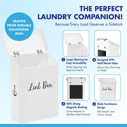 Magnetic Lint Bin for Laundry Room – Black Metal Lint Holder with Lid – Wall Mount & Magnetic Trash Can – Modern Farmhouse Style for Laundry Room Organization and Storage