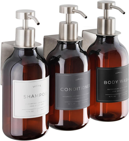 Shower Shampoo Dispenser Wall Mounted – 3 Refillable 16.9 oz Clear Bottles with Stainless Steel Pumps & No-Drill Adhesive Holders – Soap Dispenser Set for Bathroom (3 X Clear/Silver)