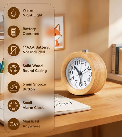 Wood Analog Alarm Clock: Silent Non-Ticking for Quiet Bedrooms | Small Battery Operated Natural Wooden Design - Warm Night Light Shows Time on Demand & 5-Minute Snooze Makes Mornings Easier
