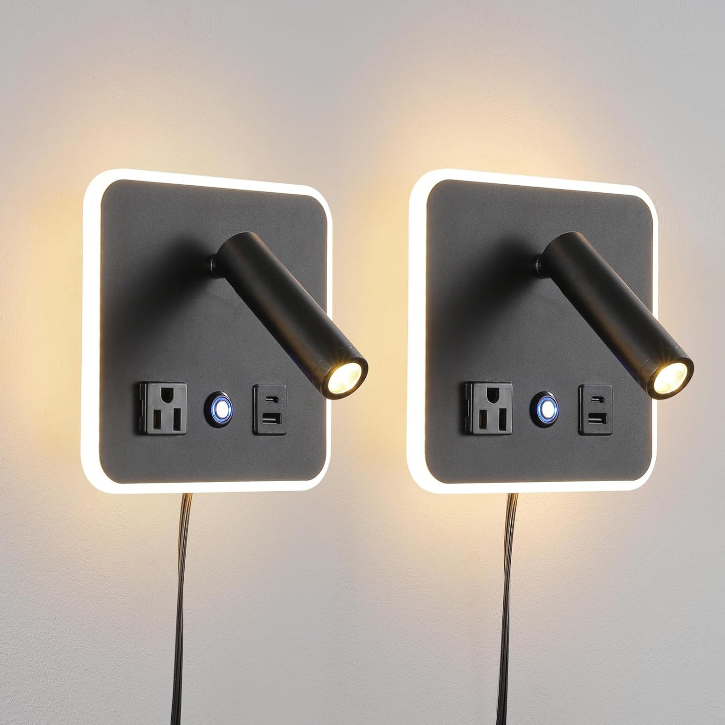 LED Headboard Reading Lamp, Dimmable Wall Sconce with USB-A/USB-C, White | Separate reading and ambient backlight controls, memory dimmer, adjustable angles, plug-in/hardwired, bedroom, bedside, hotel