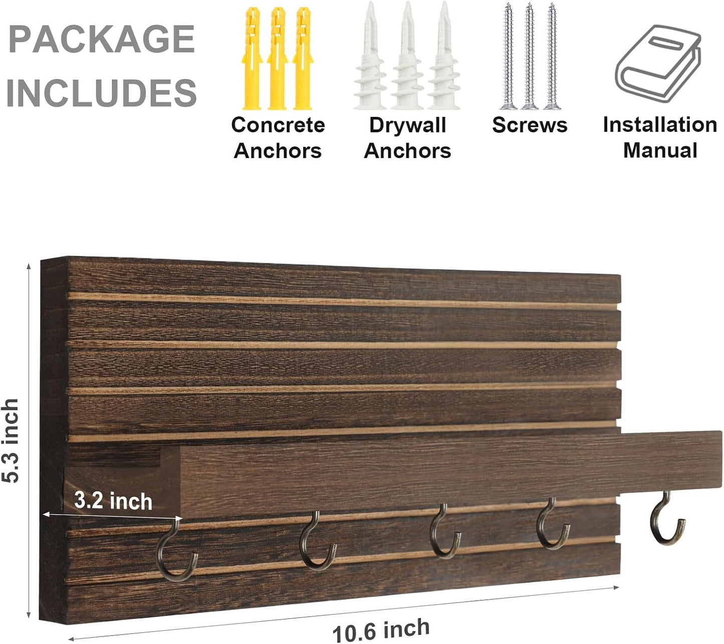 Lwenki Decorative Key Holder for Wall with Shelf, Entryway Shelf with Hooks Holds Leashes, Jackets and Glasses – Sturdy Wood Keyholder Entrance Hanger with Mounting Hardware (Black, Medium)