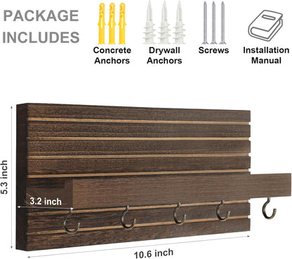 Lwenki Decorative Key Holder for Wall with Shelf, Entryway Shelf with Hooks Holds Leashes, Jackets and Glasses – Sturdy Wood Keyholder Entrance Hanger with Mounting Hardware (Black, Medium)