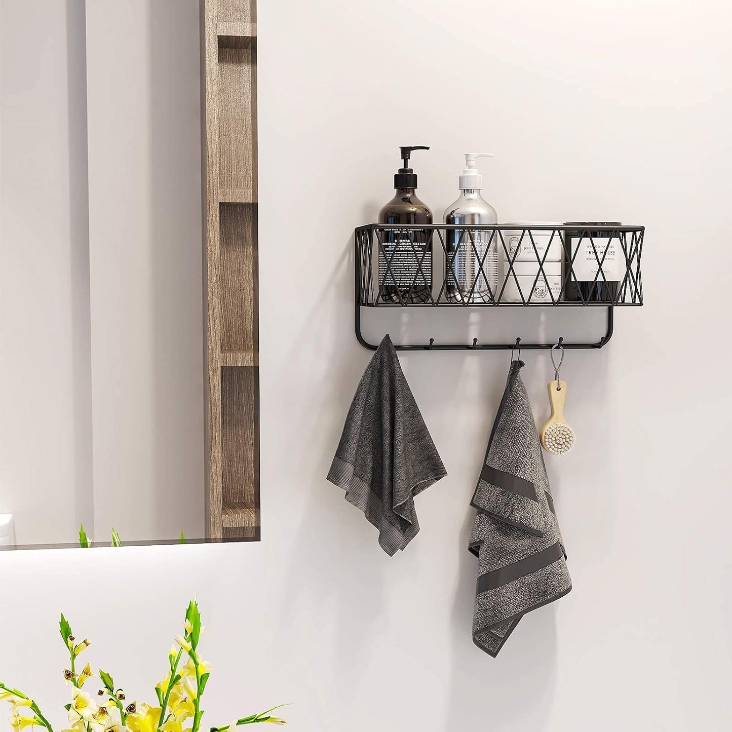 OROPY Entryway Mail Holder with Key Hooks, 14" L×4.7" W×6.5" H, Wall Mounted Matte Black Metal Wire Mesh Storage Basket with 6 Hooks, easy to Organize Letters, Magazines, Keys, Leashes for Entryway