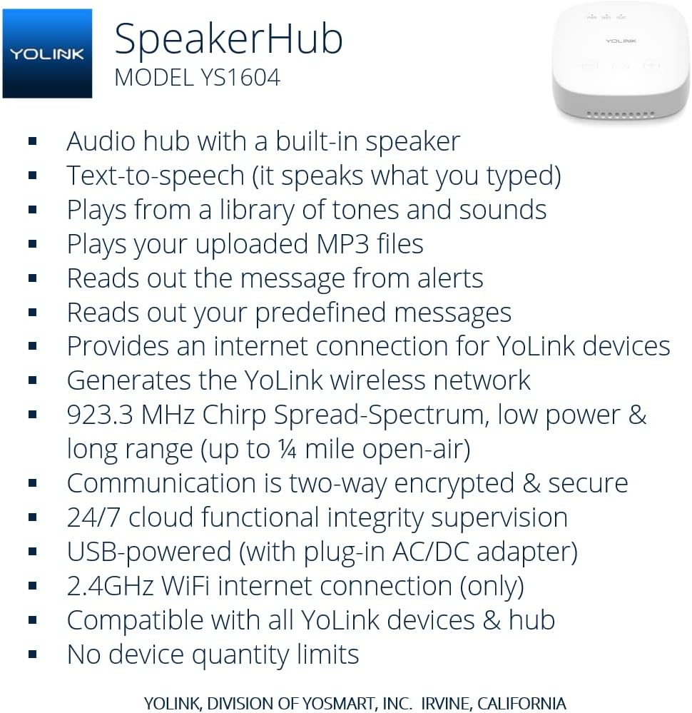 YoLink Smart Home Starter Kit: SpeakerHub & Water Leak Sensor 4 with 105dB Audio Alarm 1-Pack, SMS/Text, Email & Push Notifications, Freeze Warning, LoRa Up to 1/4 Mile Open-Air Range, w/Alexa, IFTTT