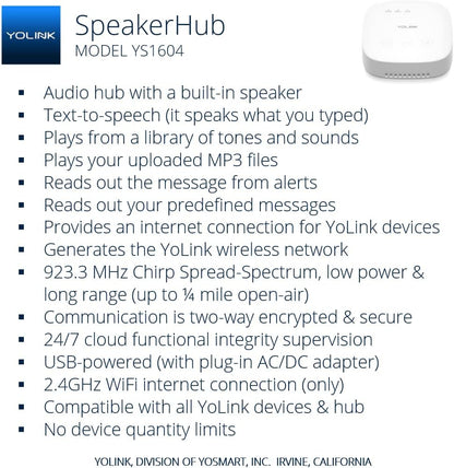 YoLink Smart Home Starter Kit: SpeakerHub & Water Leak Sensor 4 with 105dB Audio Alarm 1-Pack, SMS/Text, Email & Push Notifications, Freeze Warning, LoRa Up to 1/4 Mile Open-Air Range, w/Alexa, IFTTT