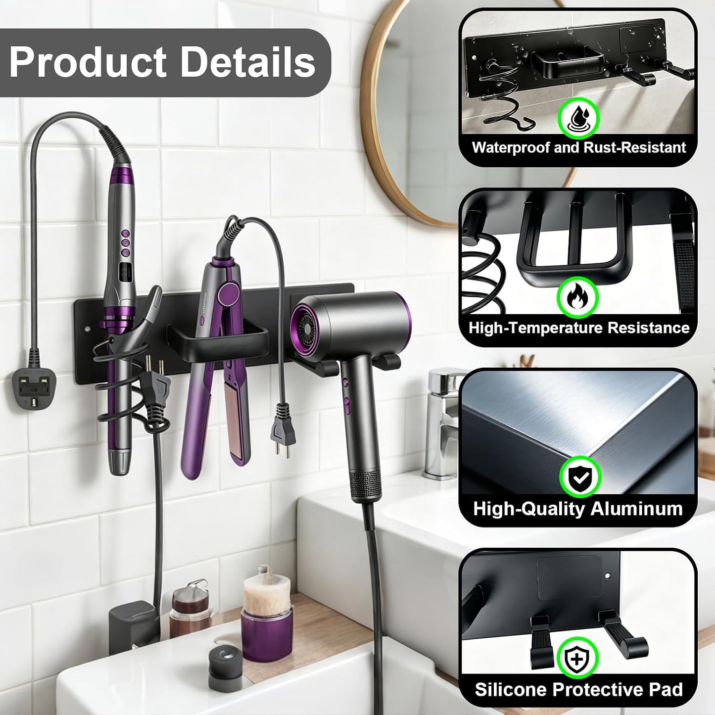 Hair Dryer Holder Wall Mount, Easy Assemble Hair Tool Organizer | 3 in 1 Metal Dryer Rack with Blow Dryer Holder & Curling Iron & Straightener Storage for Salo ＆ Bathroom (Matte Black)