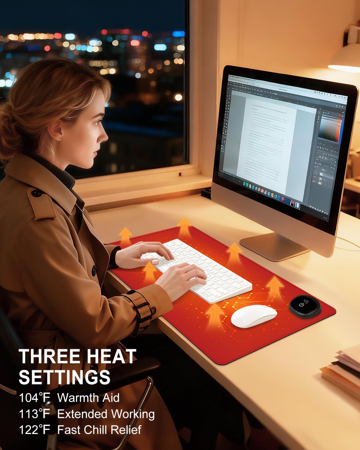 Heated Desk Pad, 31.5" x 13" Leather Non-Slip Warm Desk Pad, Large Mouse Mat with 3 Levels Heating & 3 Hours Auto Shut-Off, Hand and Foot Warmer for Office, Home, White
