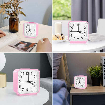Analog Alarm Clock, Bedside Clocks Battery Powered, Silent Non Ticking Travel Clock with Night Light, Snooze, Easy Set, Clock for Heavy Sleepers Kids Elder Travel Bedroom Office, Pink