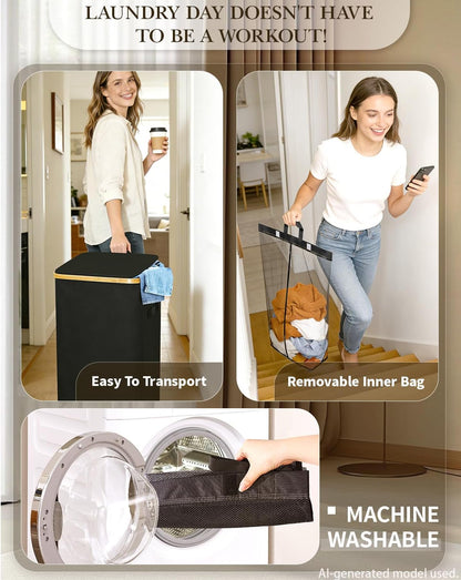 Double Laundry Basket with Wheels and Lid, 150L Clothes Hampers for Laundry | Large Laundry Hamper with 2 Sections & Removable Liner Bags, Rolling Dirty Clothes Basket for Bedroom Bathroom Dorm College
