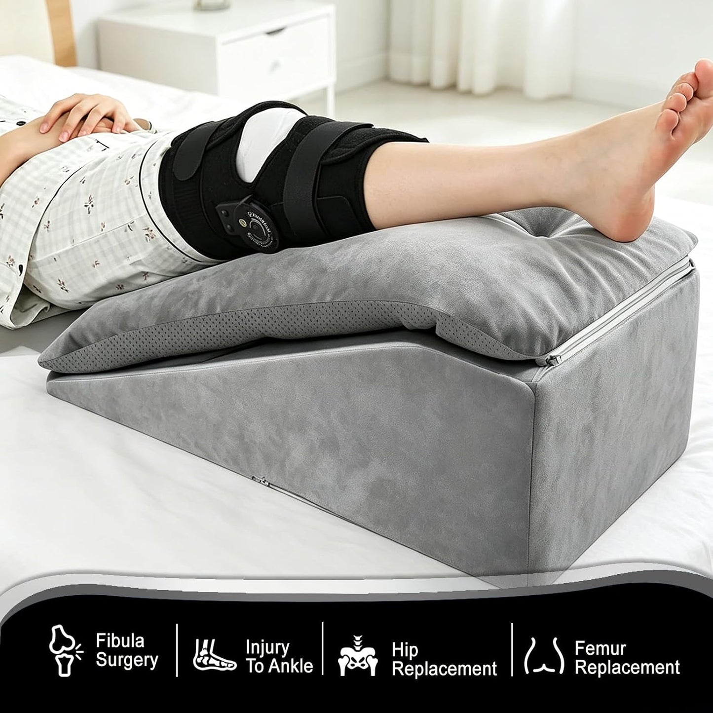 Leg Elevation Pillows for After Surgery, Height-Adjustable Knee Replacement Recovery Wedge Pillow for Single Leg with Removable Thick Soft Cushion for Hip Ankle Knee Relief Keep Leg Straight