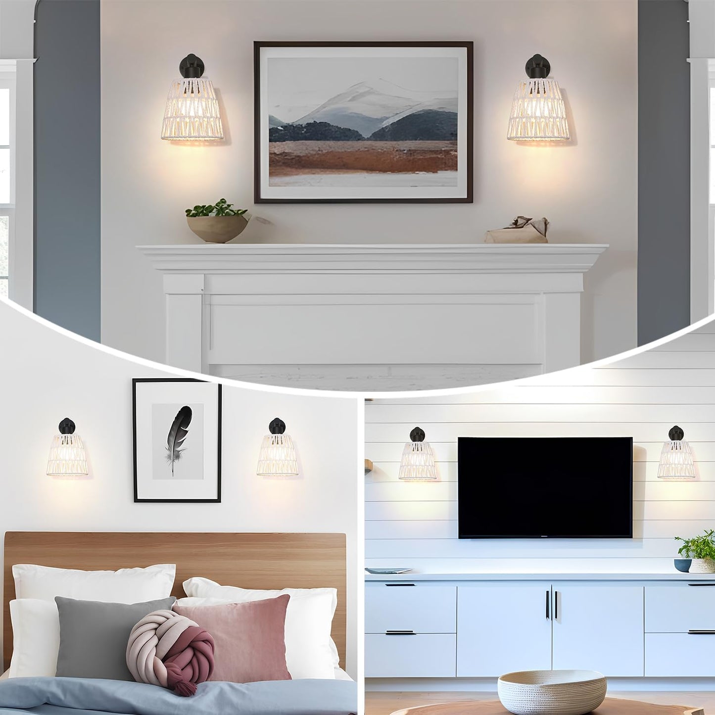 Boho Battery Operated Wall Sconces, Rattan Wall Sconce Set of 2 with Remote, RGB 15 Colors Dimmable Rechargeable Wall Light, Black Indoor Wireless Wall Lamp, Farmhouse Rattan Wall Lighting for Bedroom