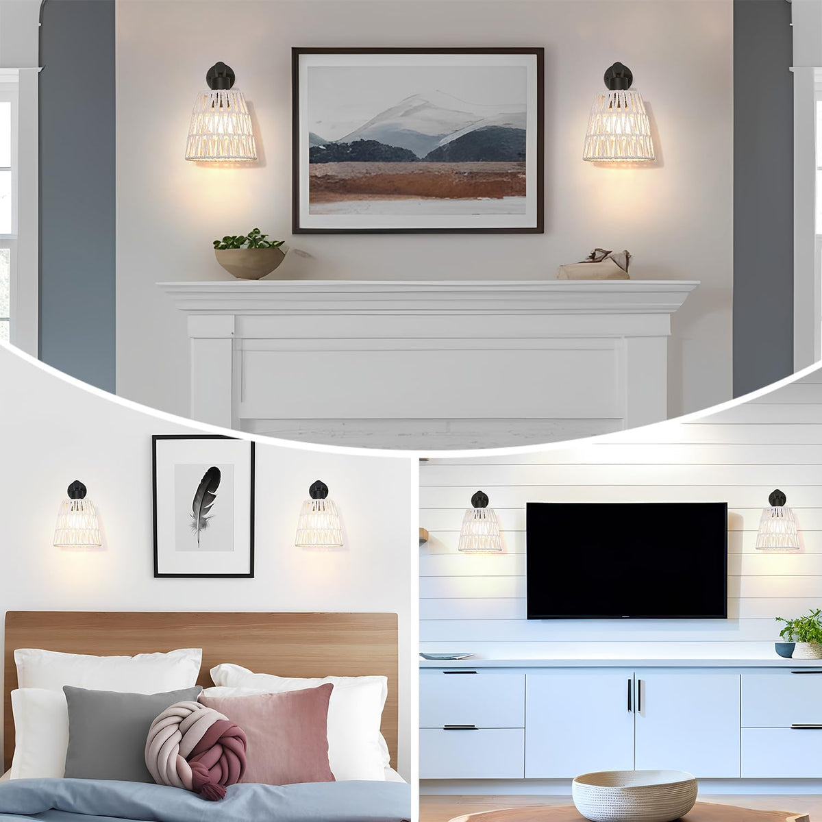 Boho Battery Operated Wall Sconces, Rattan Wall Sconce Set of 2 with Remote, RGB 15 Colors Dimmable Rechargeable Wall Light, Black Indoor Wireless Wall Lamp, Farmhouse Rattan Wall Lighting for Bedroom