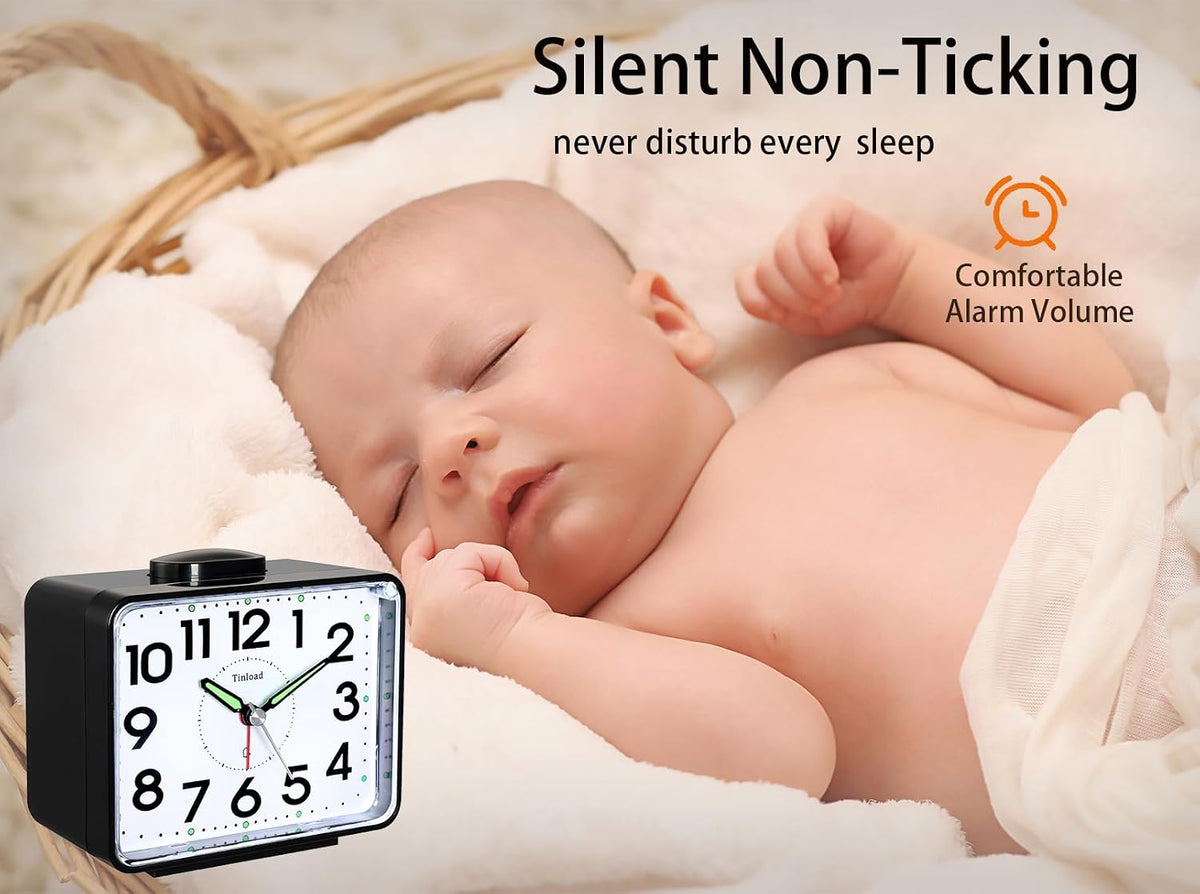 Tinload 4.2" Loud Bell Alarm Clock for Heavy Sleepers Adults, Silent No Ticking, Snooze, Lighted on Demand, Battery Operated Alarm Clocks for Bedrooms (Black)