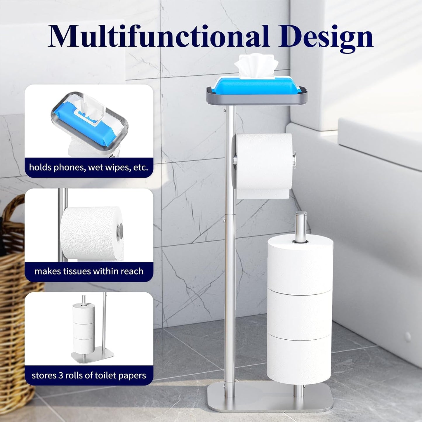 Kitsure Metal Toilet Paper Holder Free Standing, Medium, Black | Rustproof Toilet Paper Stand for 4 Rolls, Bathroom Organizers and Storage with Anti-Slip Base and Plastic Shelf